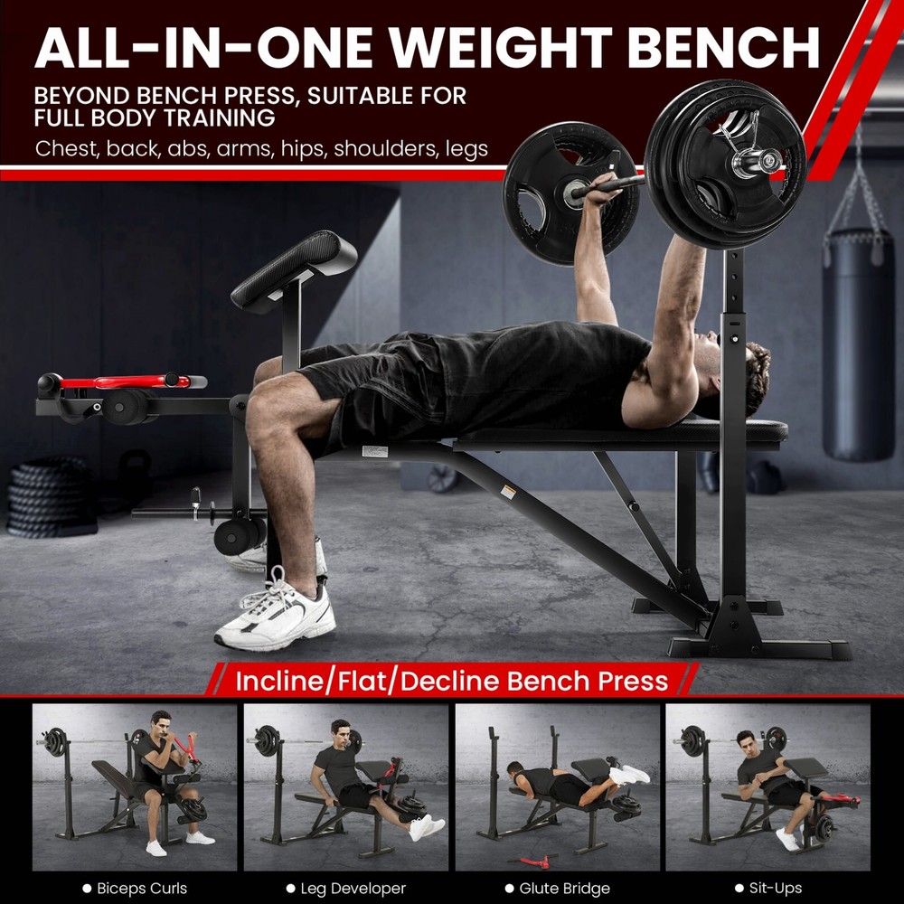 900LBS Weight Bench with Barbell/Squat Rack Adjustable Full-Body Workout Bench💪