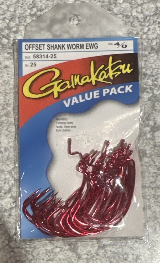 Gamakatsu Offset Shank Worm EWG Hooks Red 4/0 58314-25 Value Pack