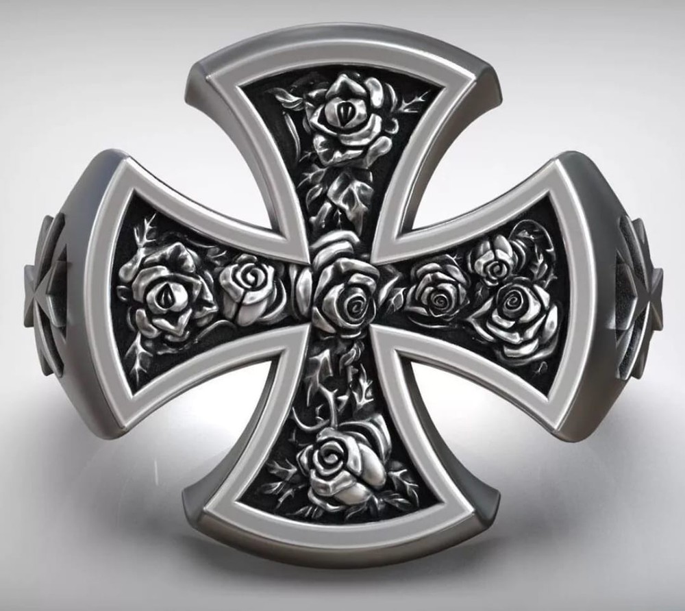 Solid 925 Sterling Silver Maltese Cross Rose Ring Men’s Gothic Biker Statement J
