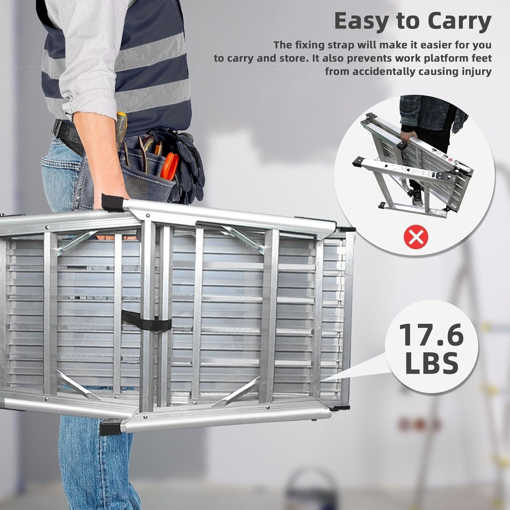 Adjustable Work Platform, (39.4" X 18.5") Portable Folding Aluminum Step Ladder