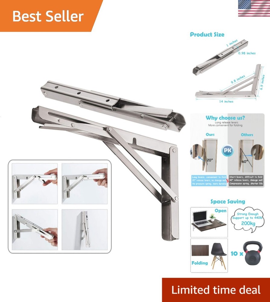 14'' Wall-Mounted Folding Shelf Brackets - 440 lb Capacity, Easy Install, 2-Pack