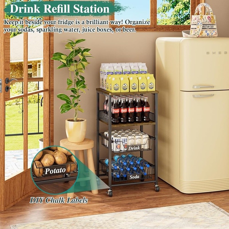 Rolling Kitchen Cart W/ Pull-Out Baskets Snack Organizer Fruit Storage