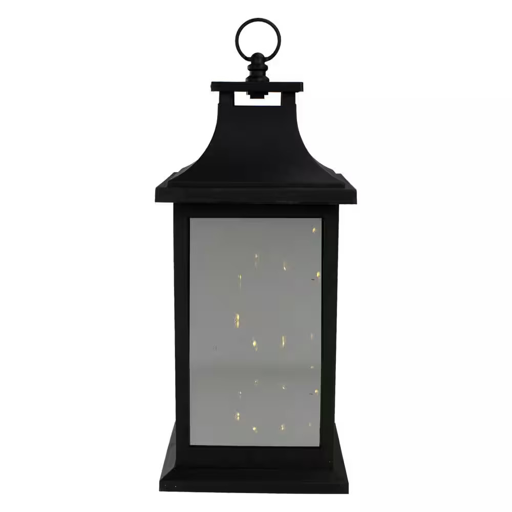 12 In. Black LED Lighted Battery Operated Lantern with Flickering Light