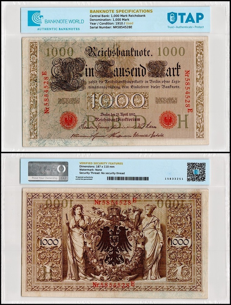 Germany 1000 Mark, 1910, P-44, Used, Authenticated