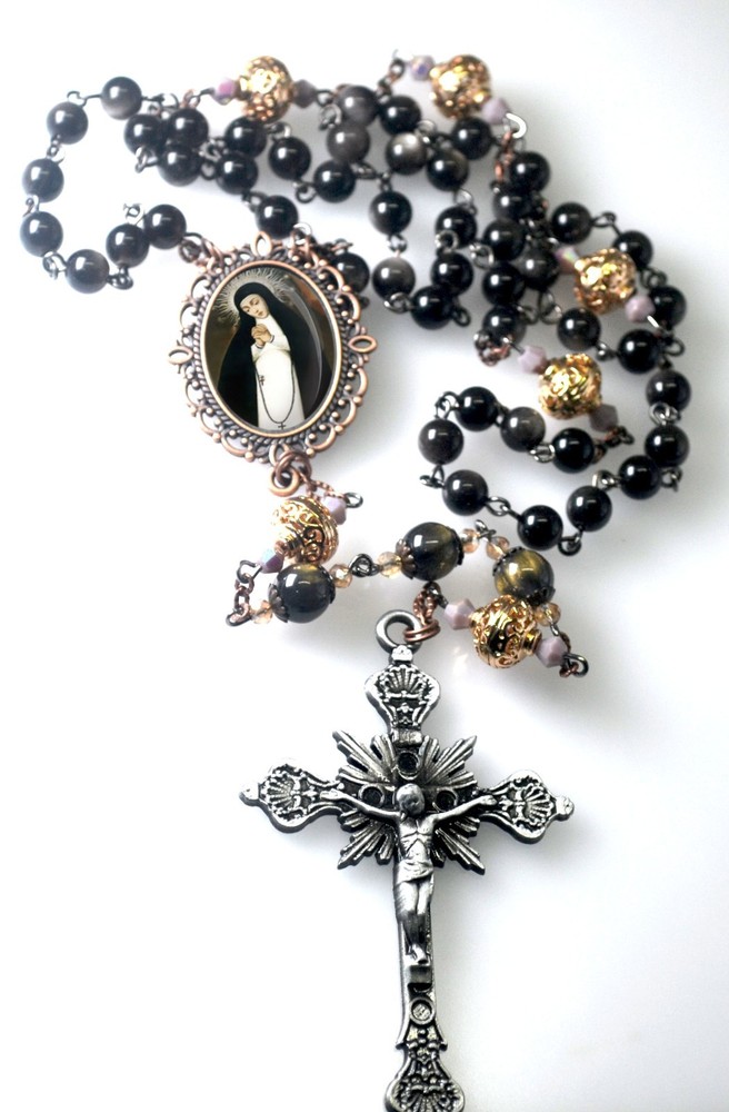 Our Lady of Solitude Rosary Black Obsidian Beads Mother Mary Centerpiece