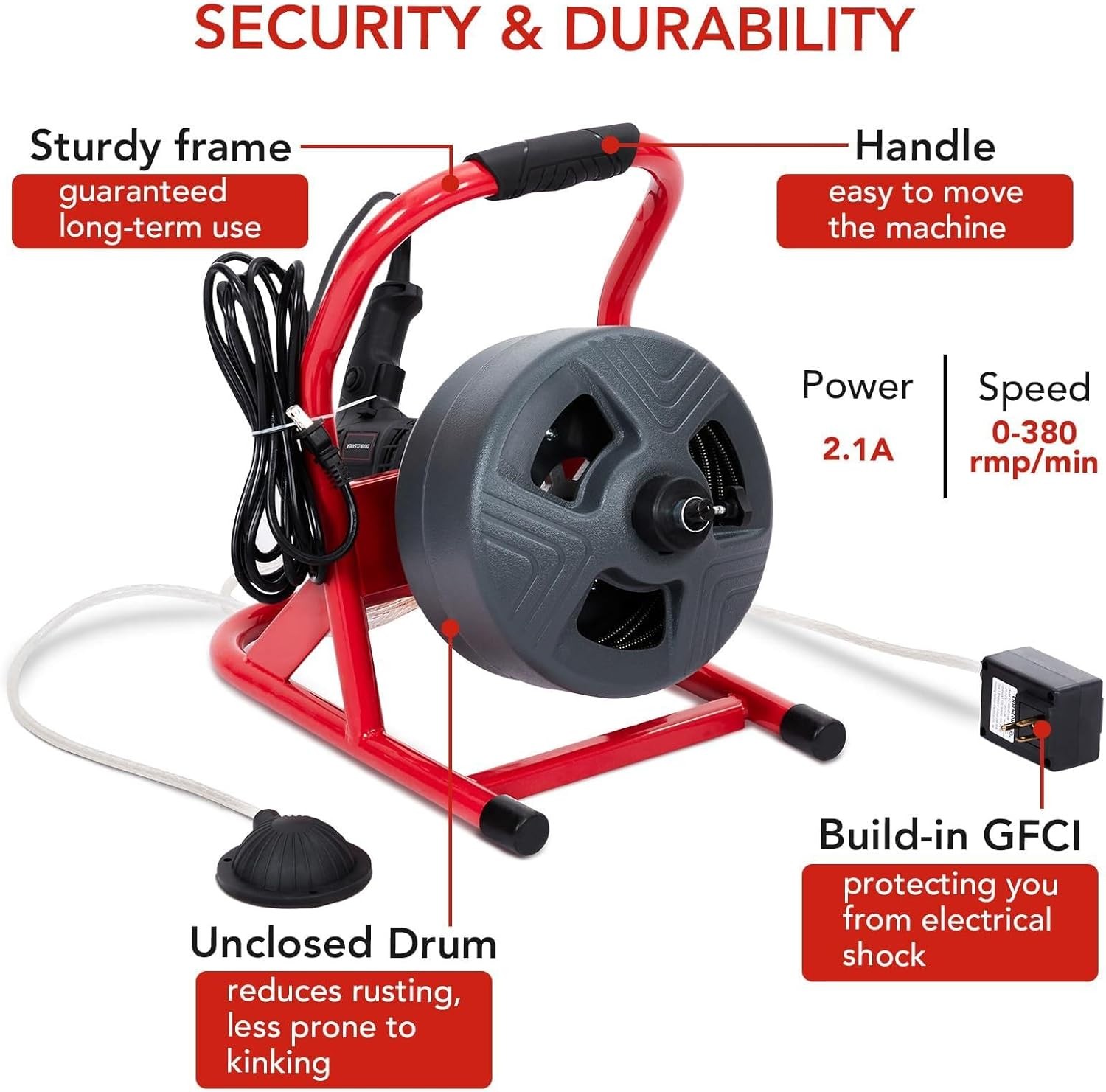 50FT 5/16" Electric Drain Cleaner Sewer Snake Cleaning Machine W/ Cutters&Gloves