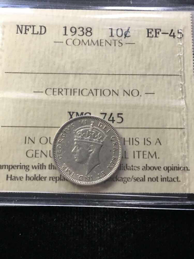 1938 ICCS Graded Newfoundland ¢10 Cent **EF-45**