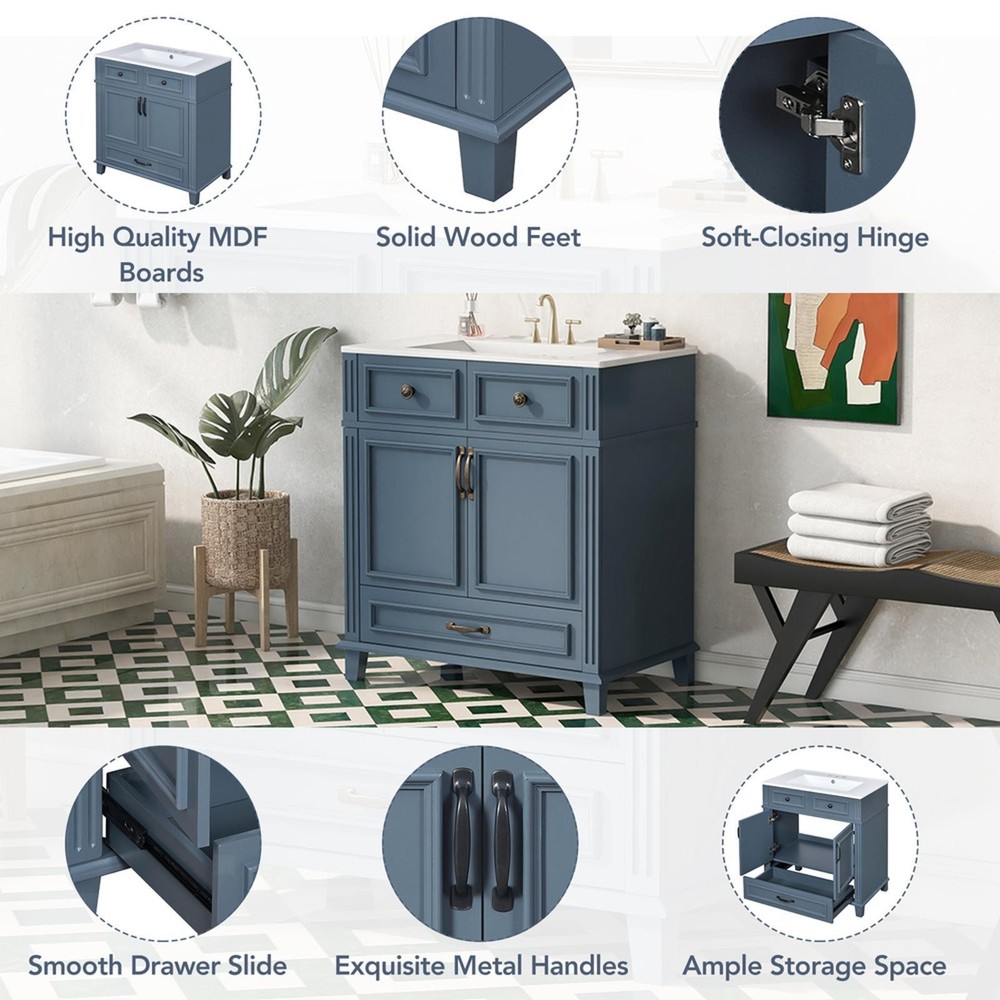Retro 30'' Bathroom Vanity with Ceramic Basin, Sturdy Solid Wood Frame,