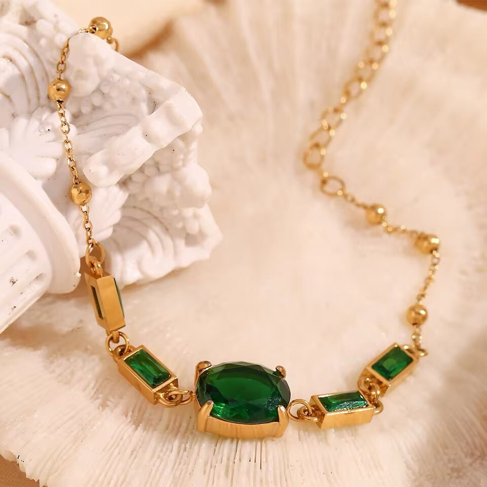 Green Oval Rectangular Bracelet Water Resistant 18K Gold Plated Prong Setting