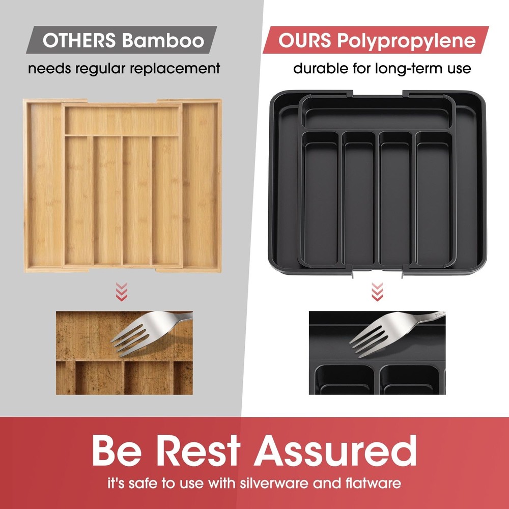 Aujen Silverware Organizer - Expandable Kitchen Drawer Medium, Black