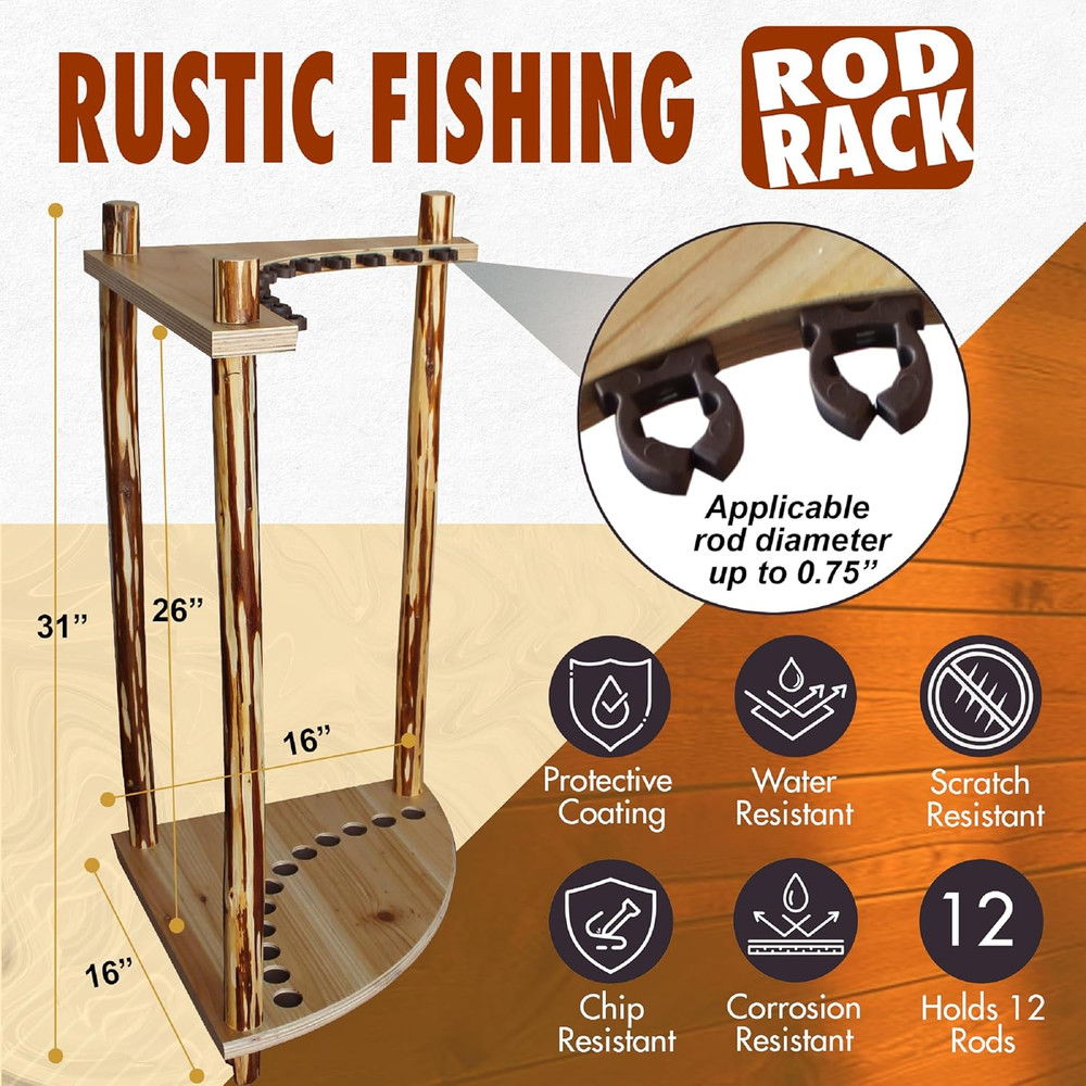 Corner Log 12 Fishing Rod Rack, Rustic