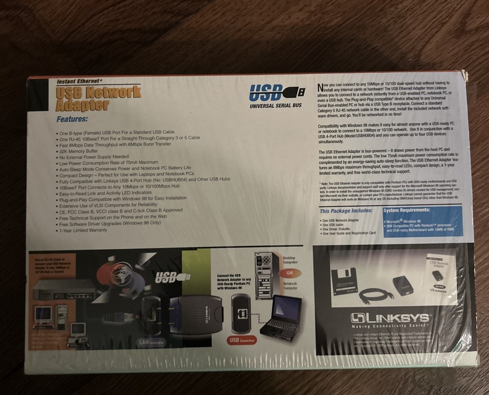 Linksys USB Network Adapter Model No. USB10T Cable DSL Compatible Ethernet