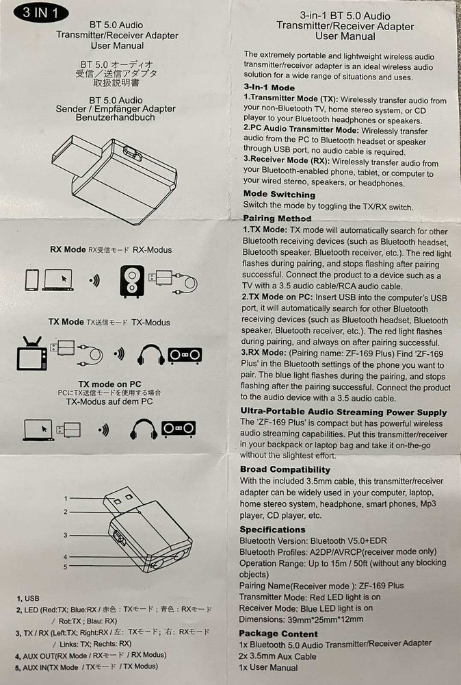 3 in 1 USB Bluetooth 5.0 Audio Transmitter/Receiver Adapter For TV PC CAR