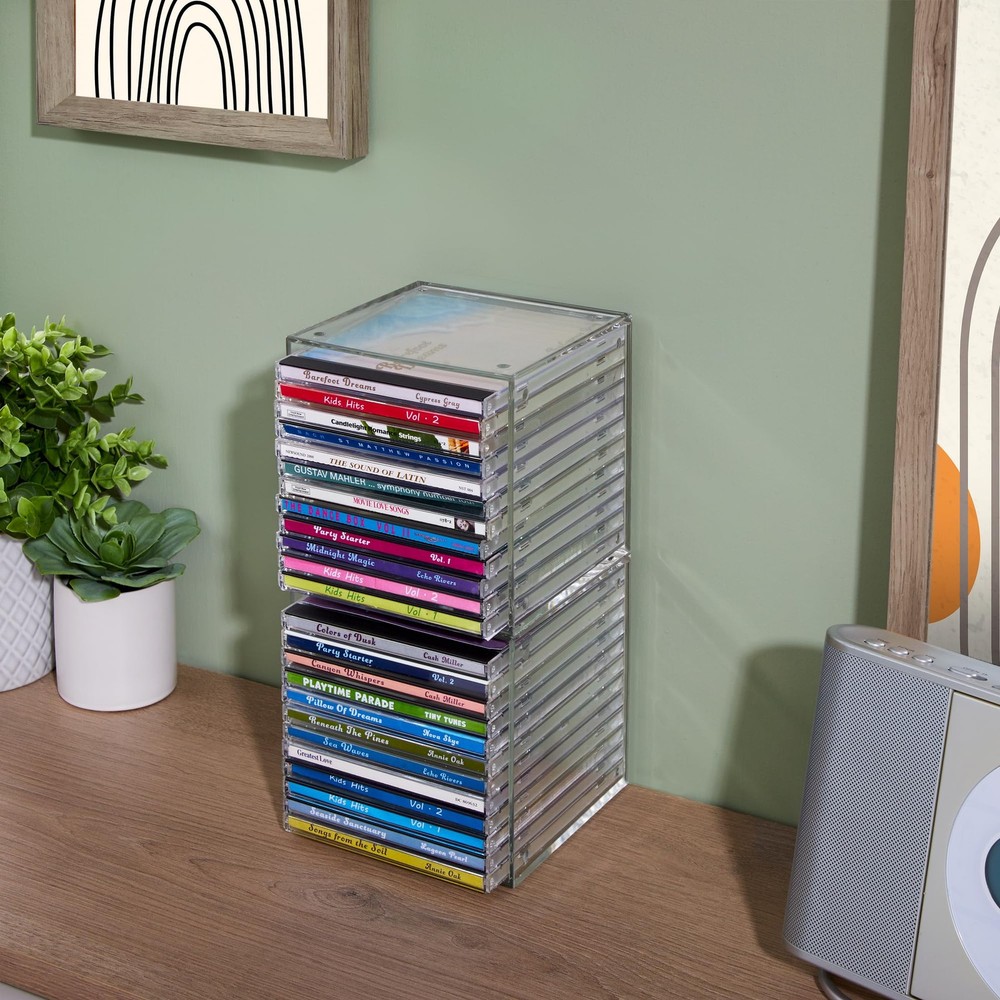 STORi Stackable Clear Plastic CD Organizers 2 Pack Cube Jewel Case Holders Pe...