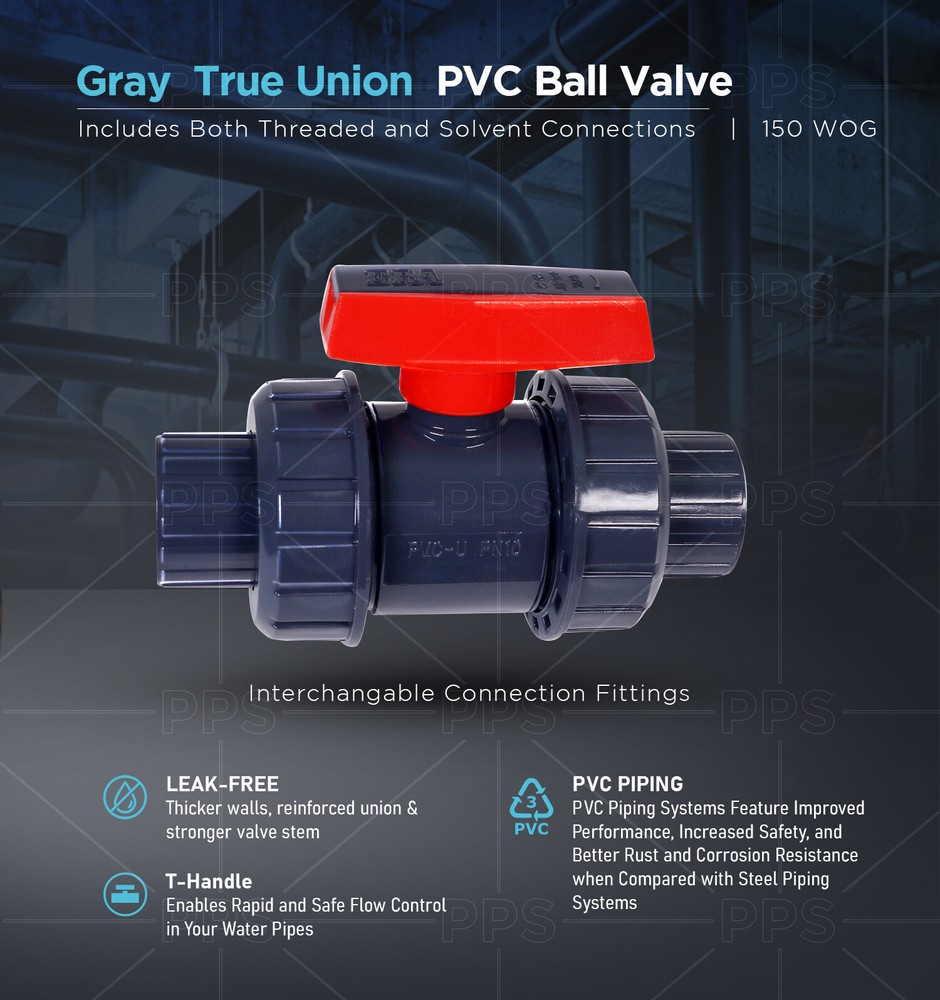 True Gray Union PVC Ball Valve Socket Slip Solvent/Thread Schedule 40/80 Pipe