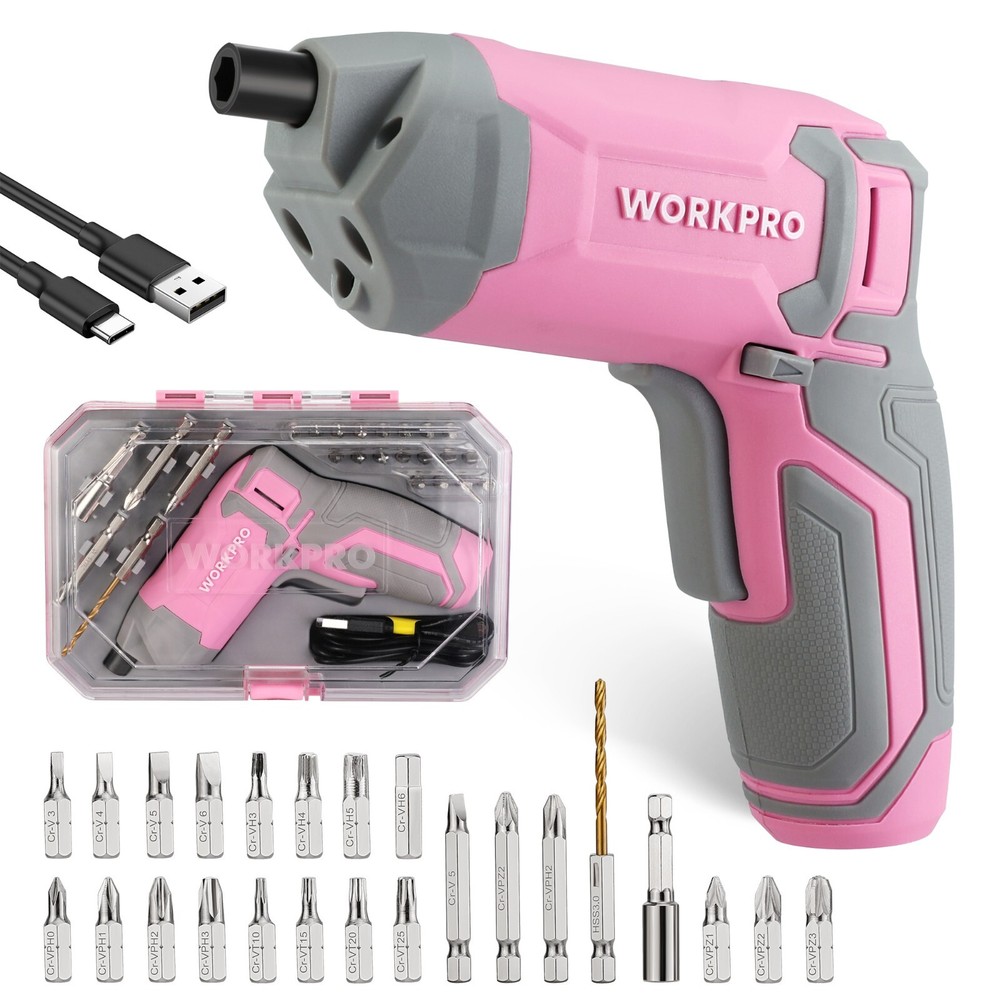 WORKPRO Pink Cordless Screwdriver Set 3.6V Electric Rechargeable Eccentric Power