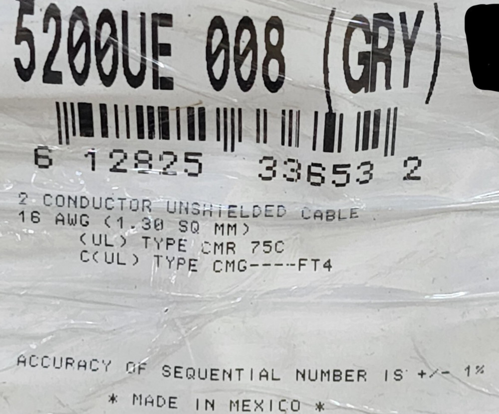 Belden Wire 5200UE 16/2C Media Control/Speaker/Audio Cable Riser Gray /100ft