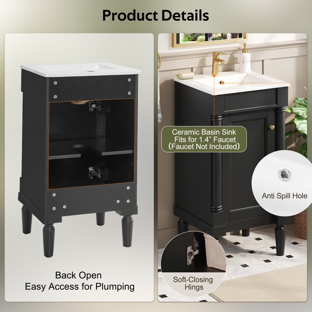 French Bathroom Vanity with Ceramic Sink & Soft-Closing Doors, Black