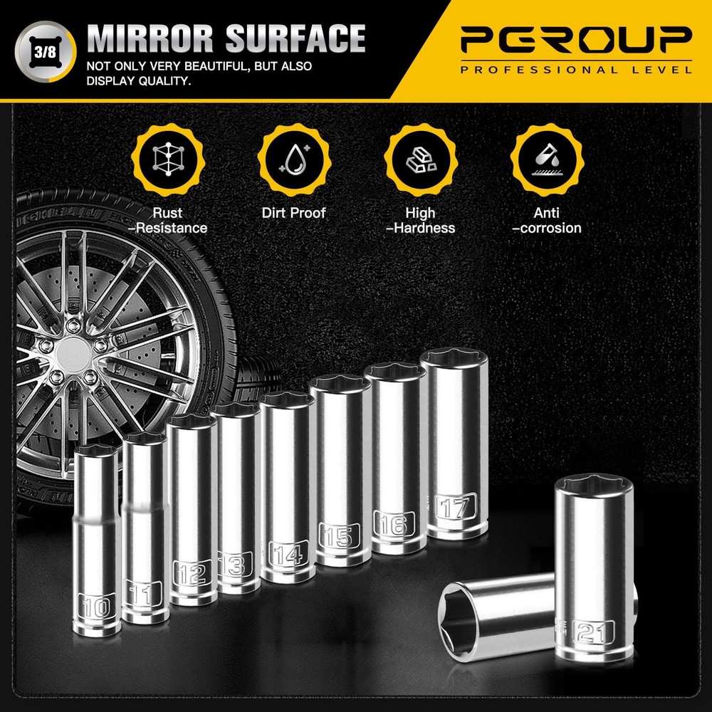 PGROUP 10PCS 3/8” Drive Deep Socket Set, 3/8" Metric (10mm-21mm)