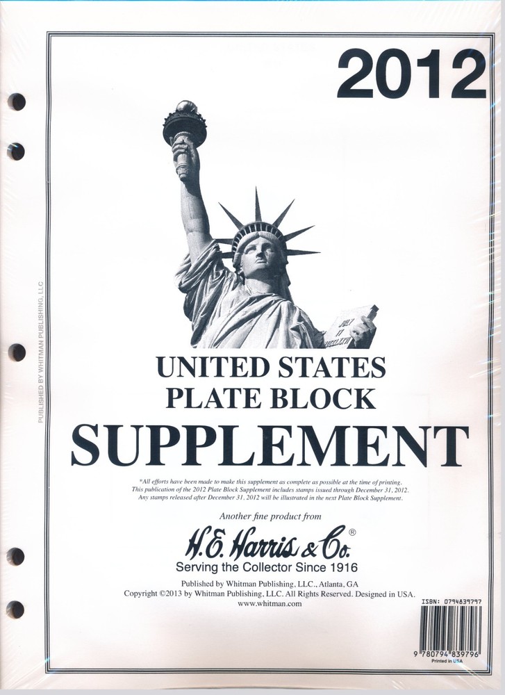 H E Harris US PLATE BLOCK Supplement for Stamp issued in 2012