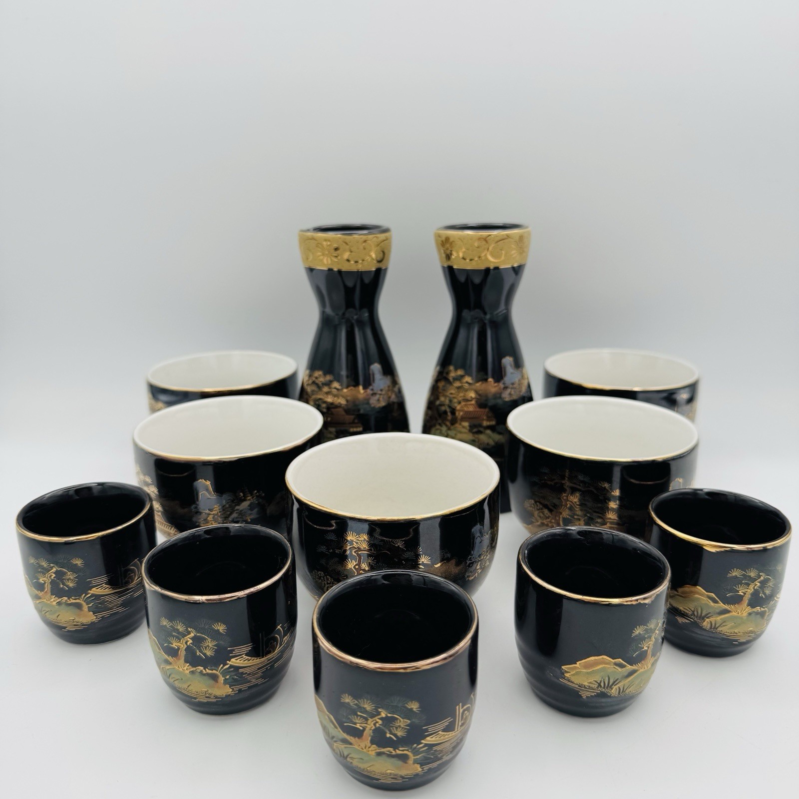 Osaka Japanese Sake Set with 2 Pitchers and 10 Cups, Black Gold