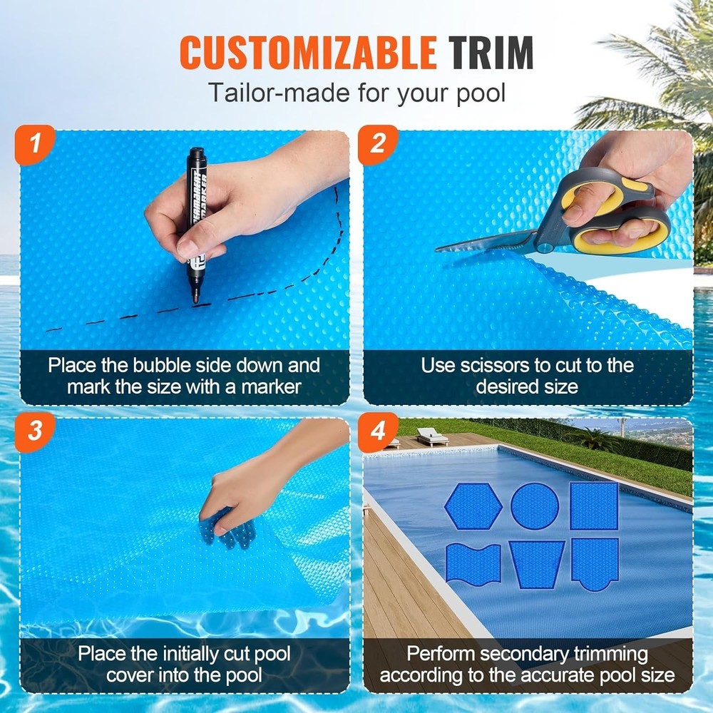 28x14 Ft Solar Pool Cover with Bubble, Heat Retaining 16 Mil Blue Rectangular...