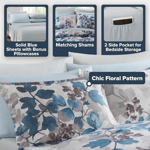 Comforter Set with Sheets, Floral Bed in A Bag Soft Microfiber Full Leaf Blue