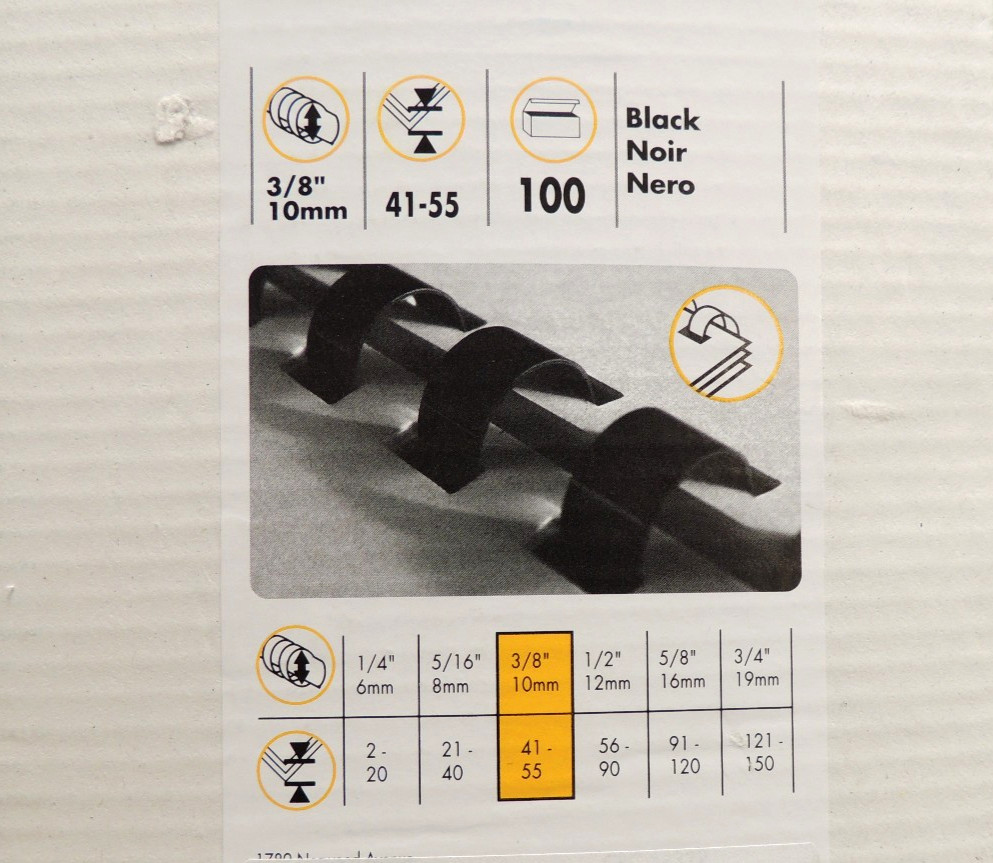 Fellowes Plastic Binding Combs 3/8 Inch 10mm Black 100 Count New Open Box