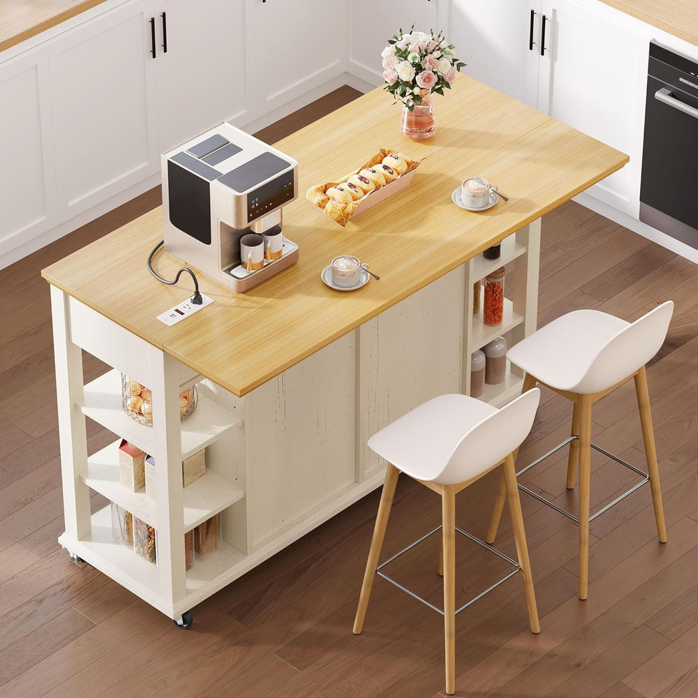 Mobile Kitchen Island with Drop Leaf & Trash Can, Off White Storage Table