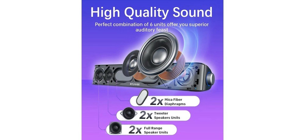Nylavee Computer Speakers Bluetooth High-Fi Stereo Sound Bar with Bluetooth