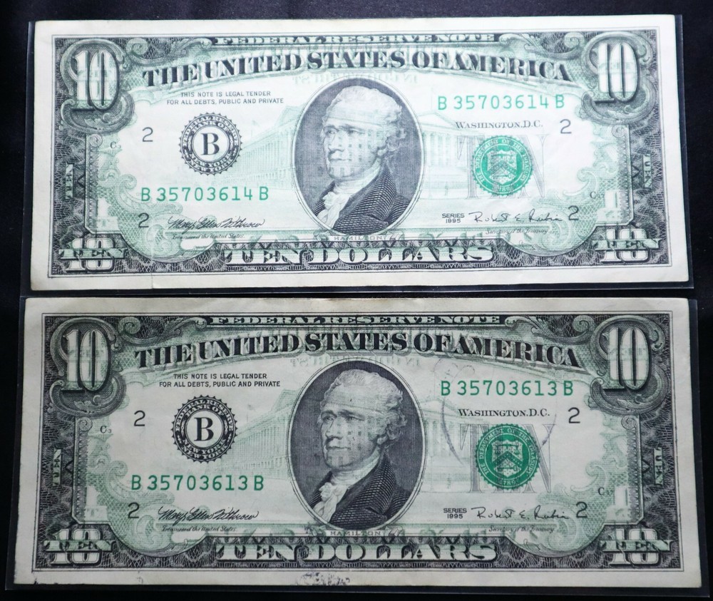 1995 $10 Offset Printing Error On Front 5 AMAZING NOTES, ALMOST UNCIRCULATED