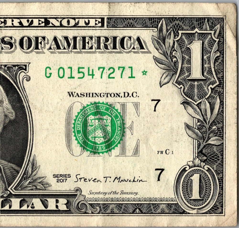 2017 G Star note Fancy Serial Number Regular Run One Dollar Bill