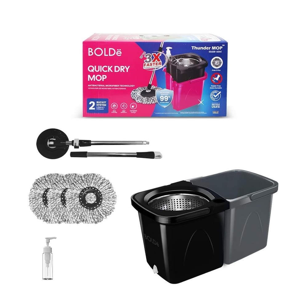 Thunder Mop Spin System - Double-Sided - 2 Compact Stackable 6L Buckets, Micr...