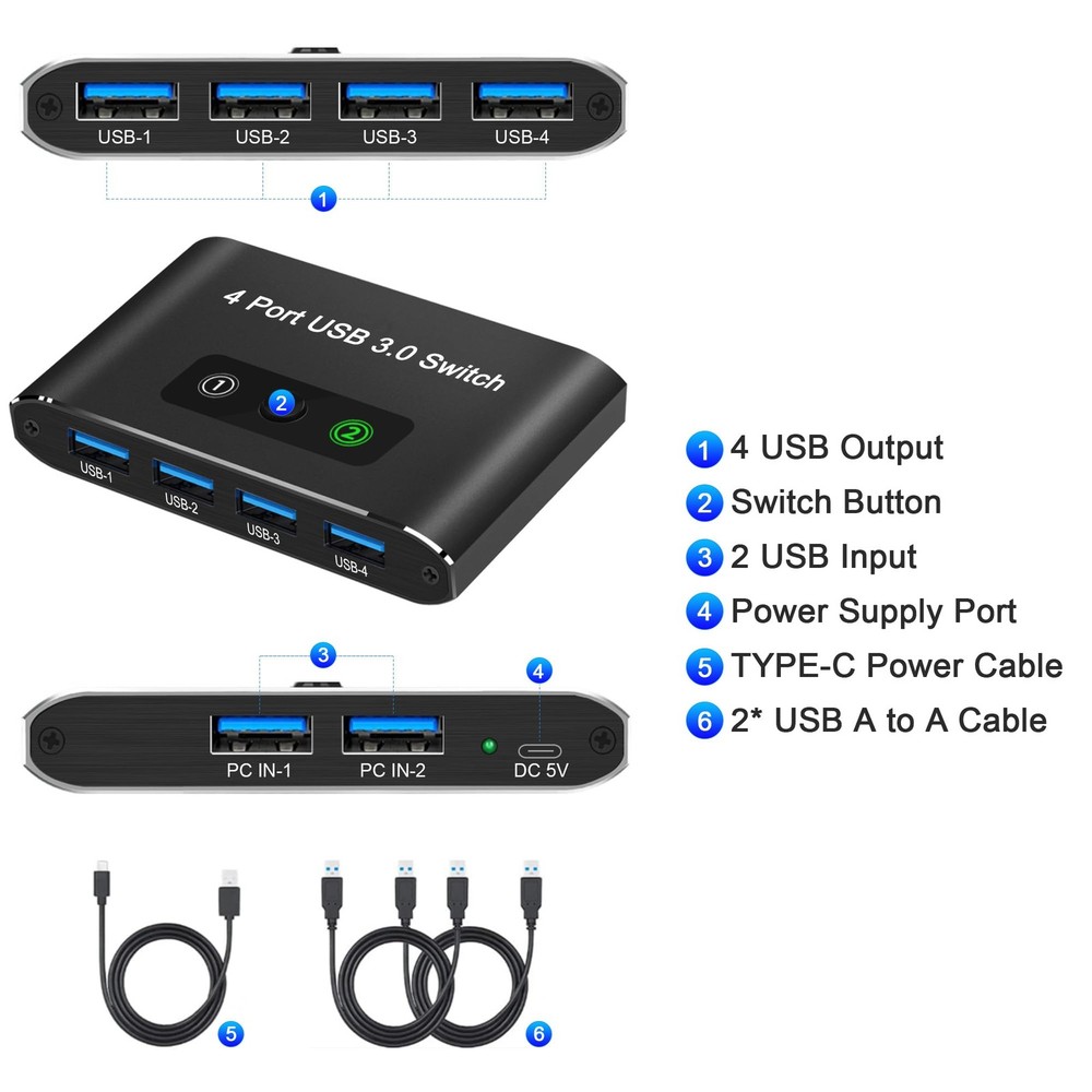 USB Switch, USB Switcher 2 Computers, USB 3.0 Switch Sharing 4 USB Devices KV...