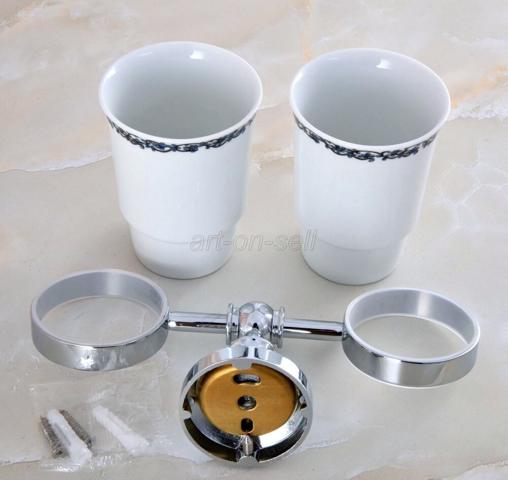 Polished Chrome Toothbrush Holder Double Ceramic Cups Holder Wall Mounted aba796