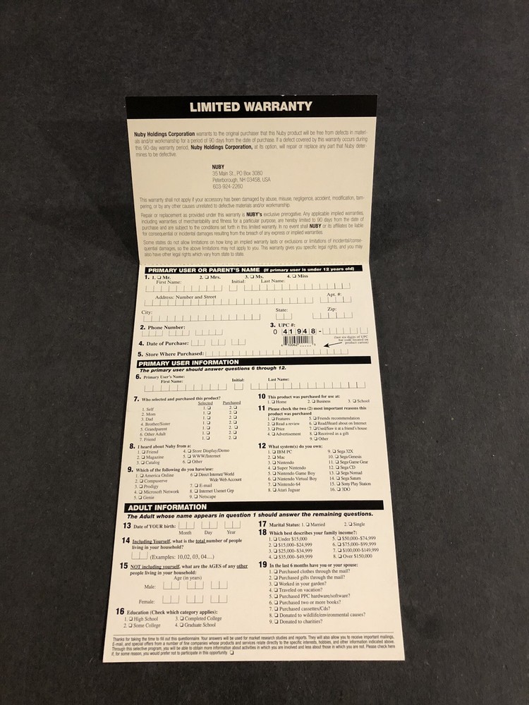 nuby playstation Registration Card Insert