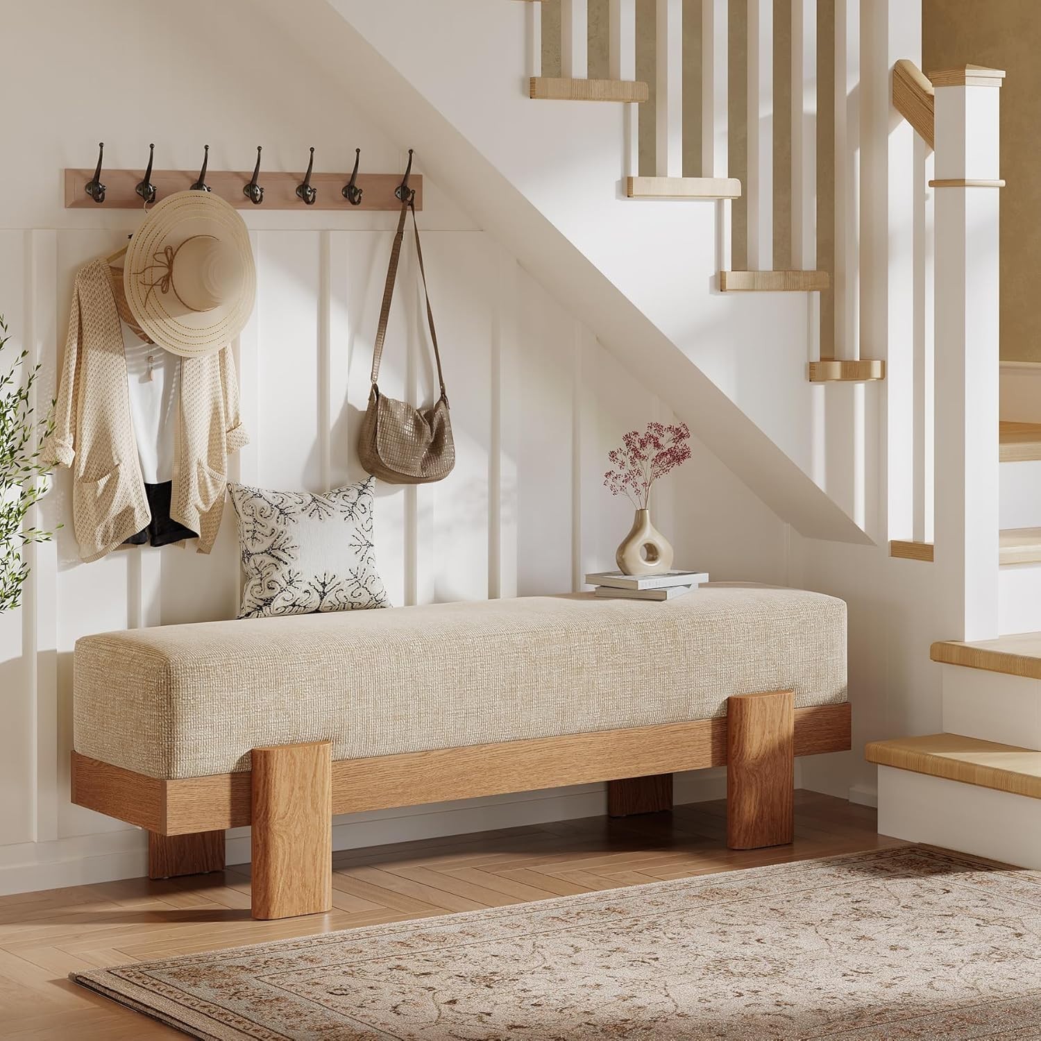 55-Inch Upholstered Entryway Bench, Modern Shoe Bench with Fabric Padded Seat