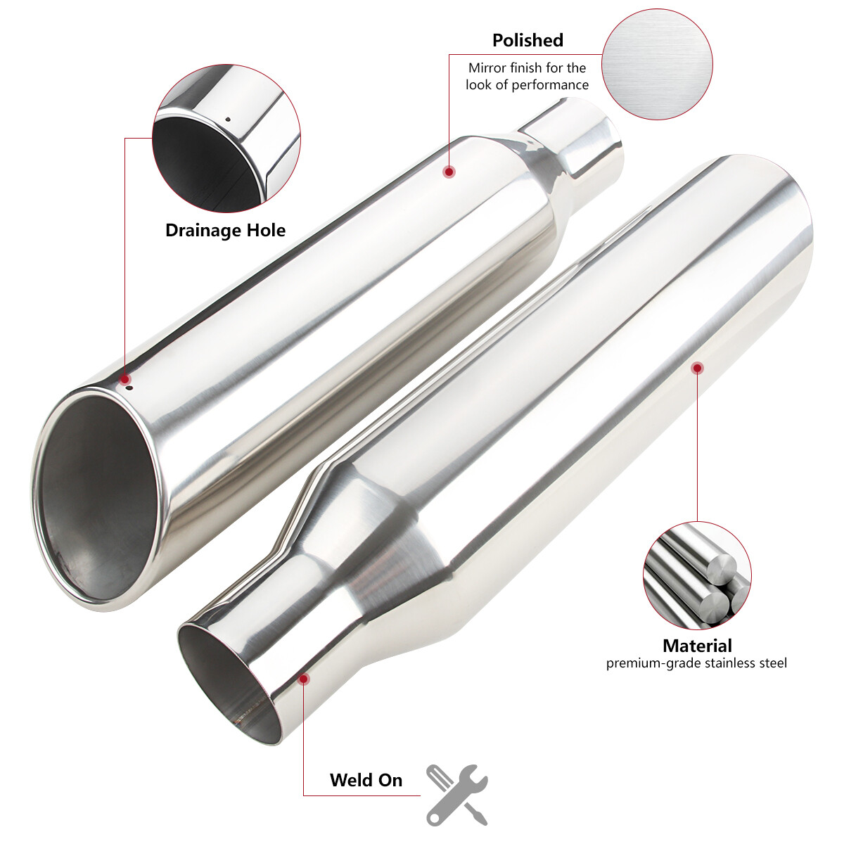 Universal Angle Cut Stainless Steel Exhaust Tips 2.5" 17" 4" Outlet 2Packs