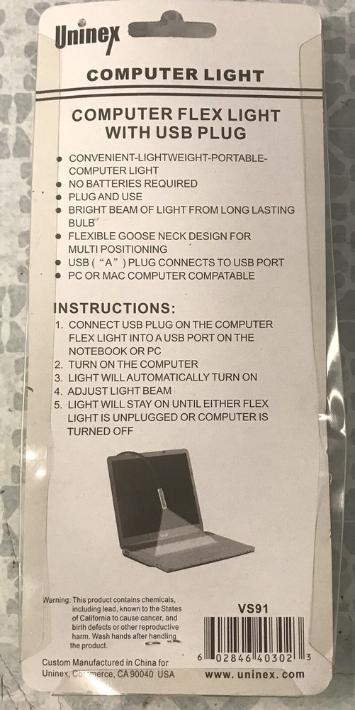 Uninex Computer Flex Light With USB Plug VS91 Sealed