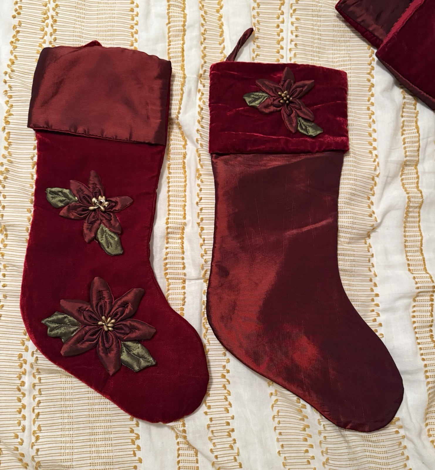 Lot Set Of 4 Vintage Christmas Stockings Burgundy Poinsettias Satin Velvet