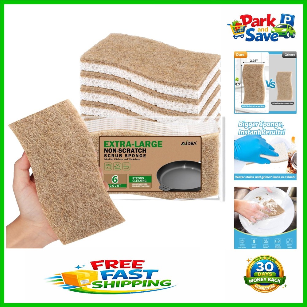 XL Non-Scratch Scrub Sponges - 6 Count Eco-Friendly Cellulose Kitchen Cleaning