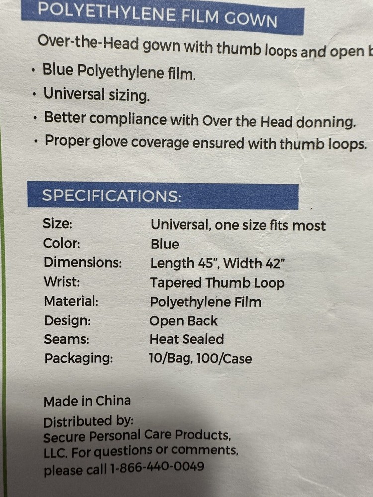 SECURE Non-Surgical Polyethylene Isolation Gown 10 Pack AAMI Level 2 Barrier