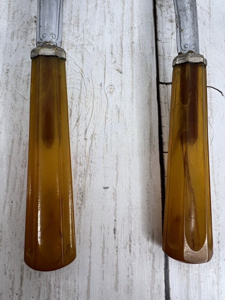 Vintage Serving Fork and Spoon Bakelite Catalin Handle Butterscotch MCM