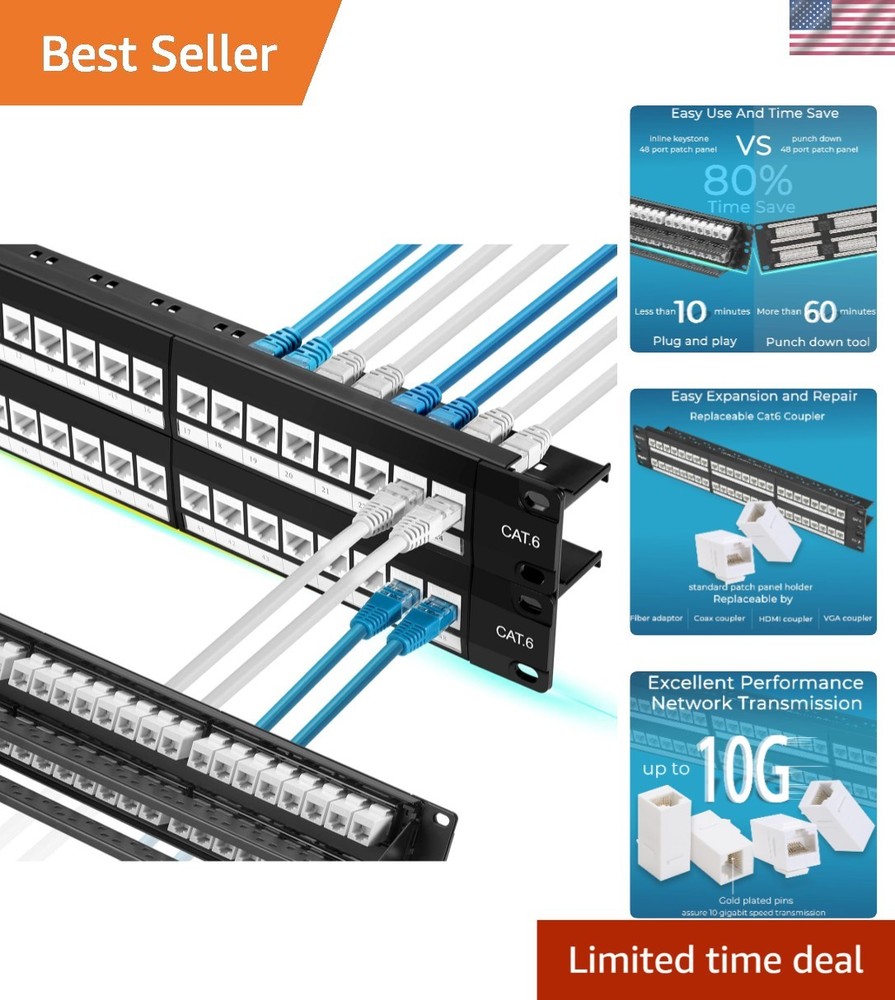 High-Speed 48 Port Cat6 Patch Panel with Toolless Termination & Detachable Bar