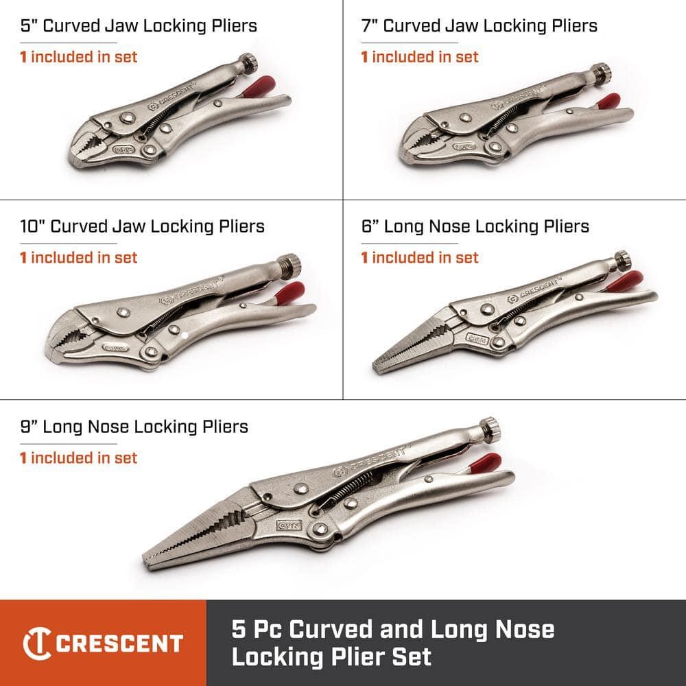 Crescent Locking Pliers Set 5pc Curved Long Nose Wire Cutter Hex Grip Durable