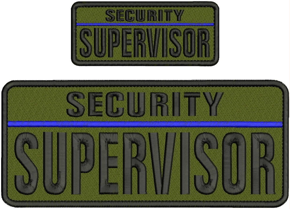 SECURITY SUPERVISOR EMBROIDERY PATCH 4X10 & 2X5 HOOK ON BACK  BLACK ON OD GREEN