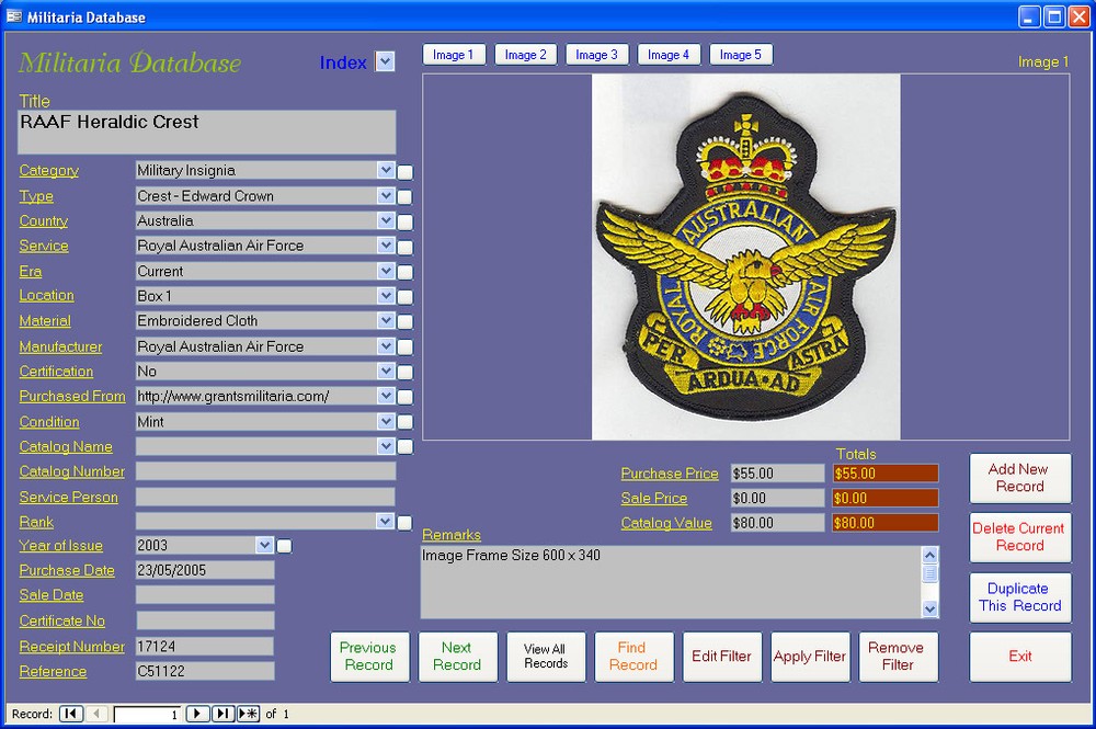 Militaria Collection Image Database Software CDROM for Windows