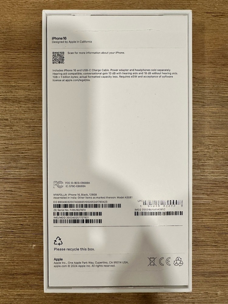 Apple iPhone 16 128GB, Black - BOX ONLY / EMPTY BOX