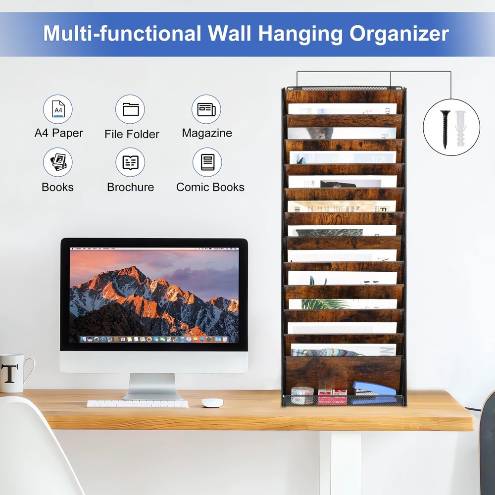 TQVAI 12-Tier Wall File Organizer - Folding Wall Mounted Mail Document Holder