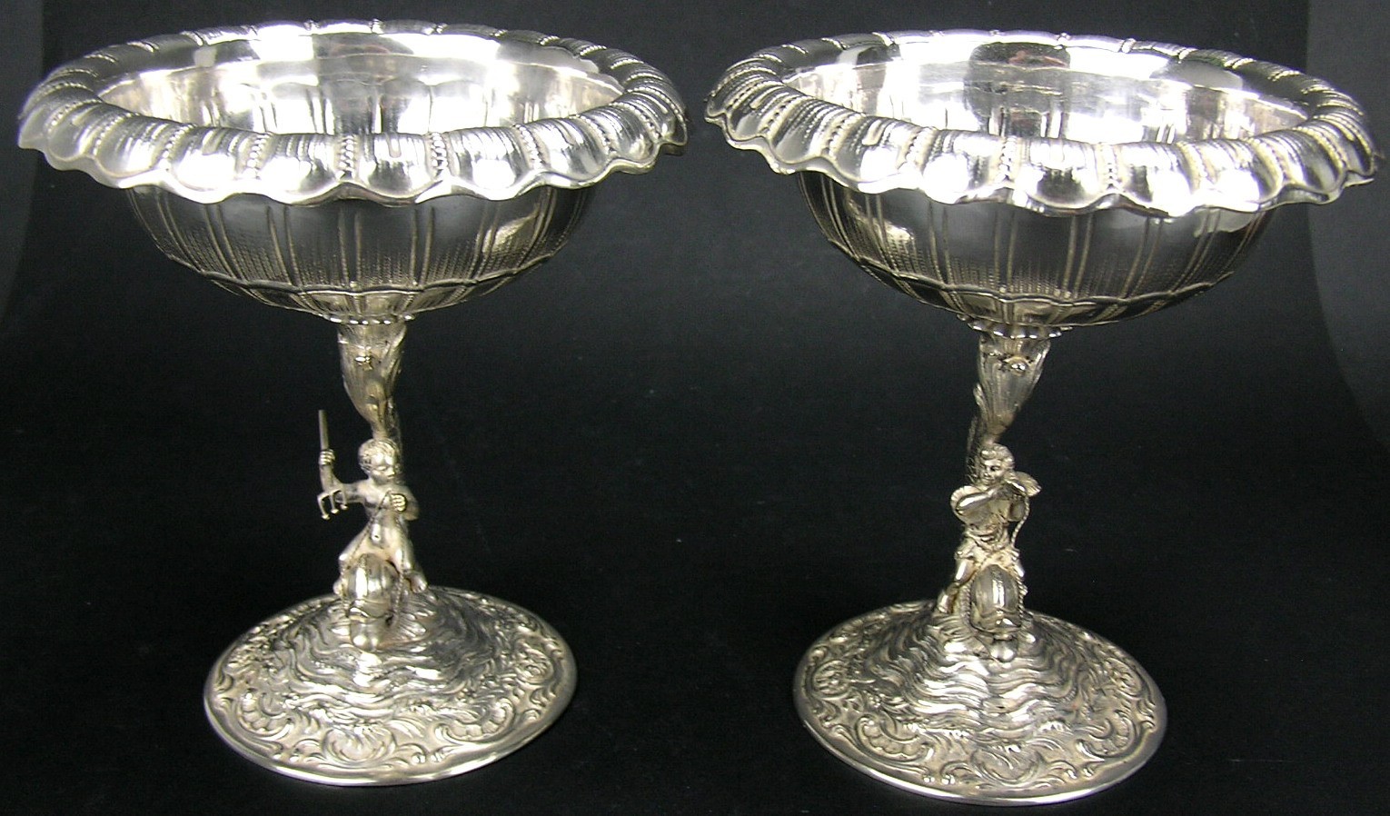 Pair Old 800 Silver German Sweet Meat Compotes Putti Riding Dolphin Hanau 627g